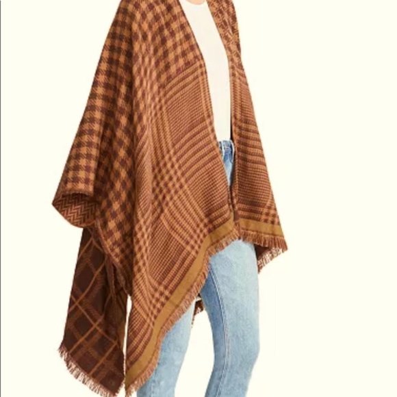 Steve Madden Multi-Plaid Ruana Brown Tan Olive Poncho Shawl One Size - Picture 7 of 11